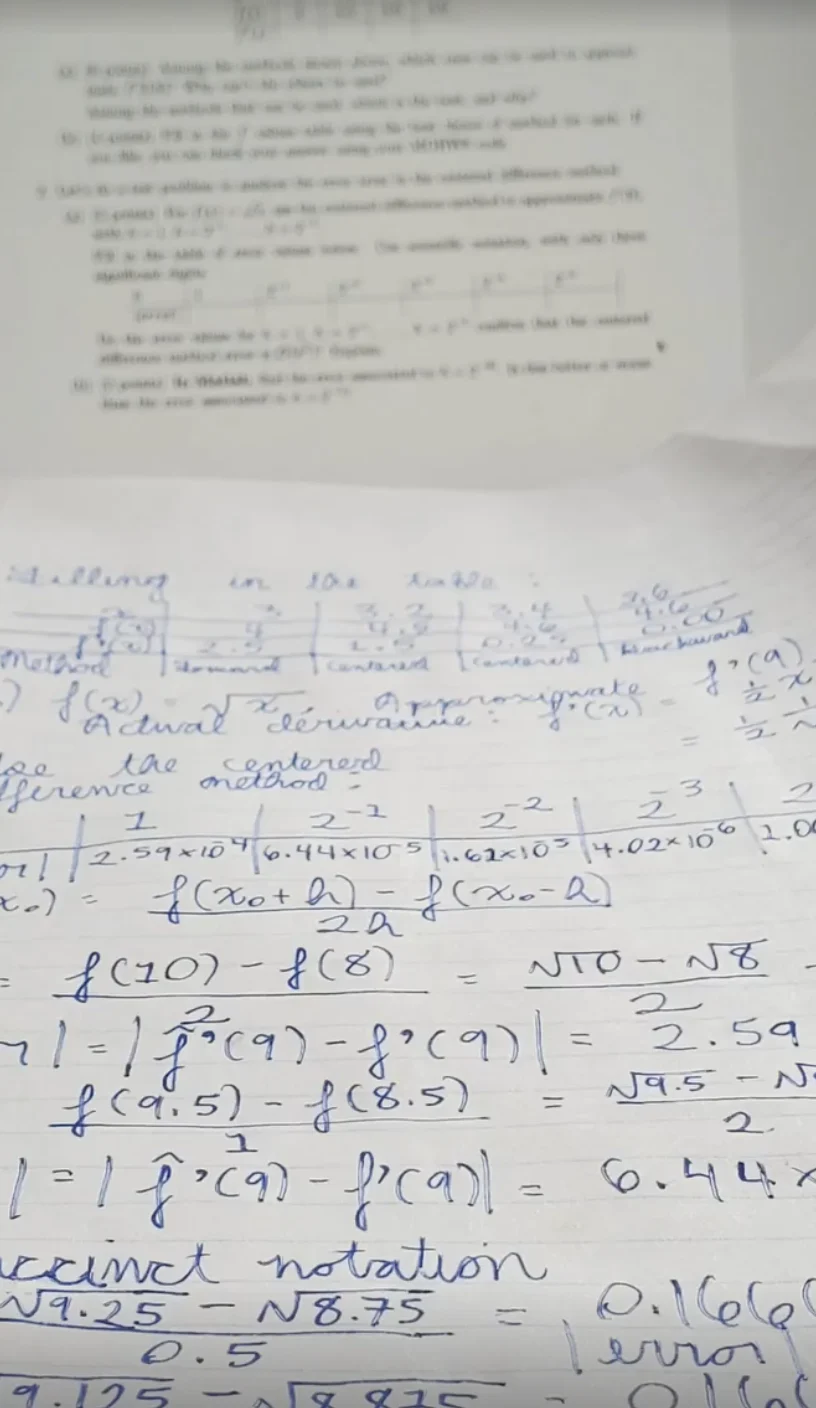 Griffin’s handwritten math work, with finite-difference calculations and error estimates in blue ink