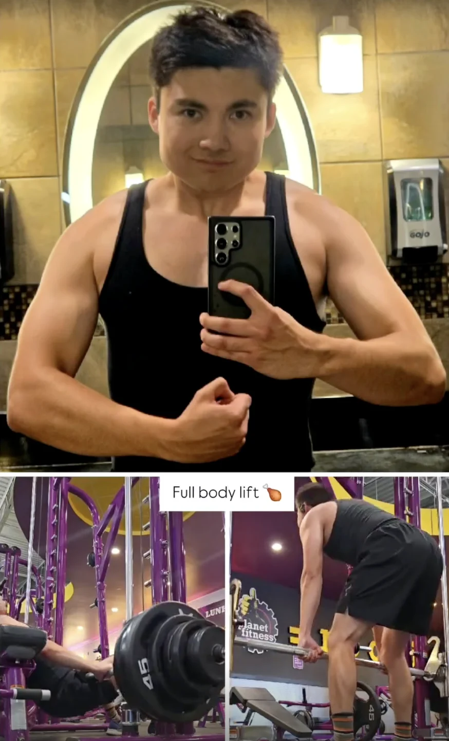 Griffin strength training, with a gym selfie and two lifting photos