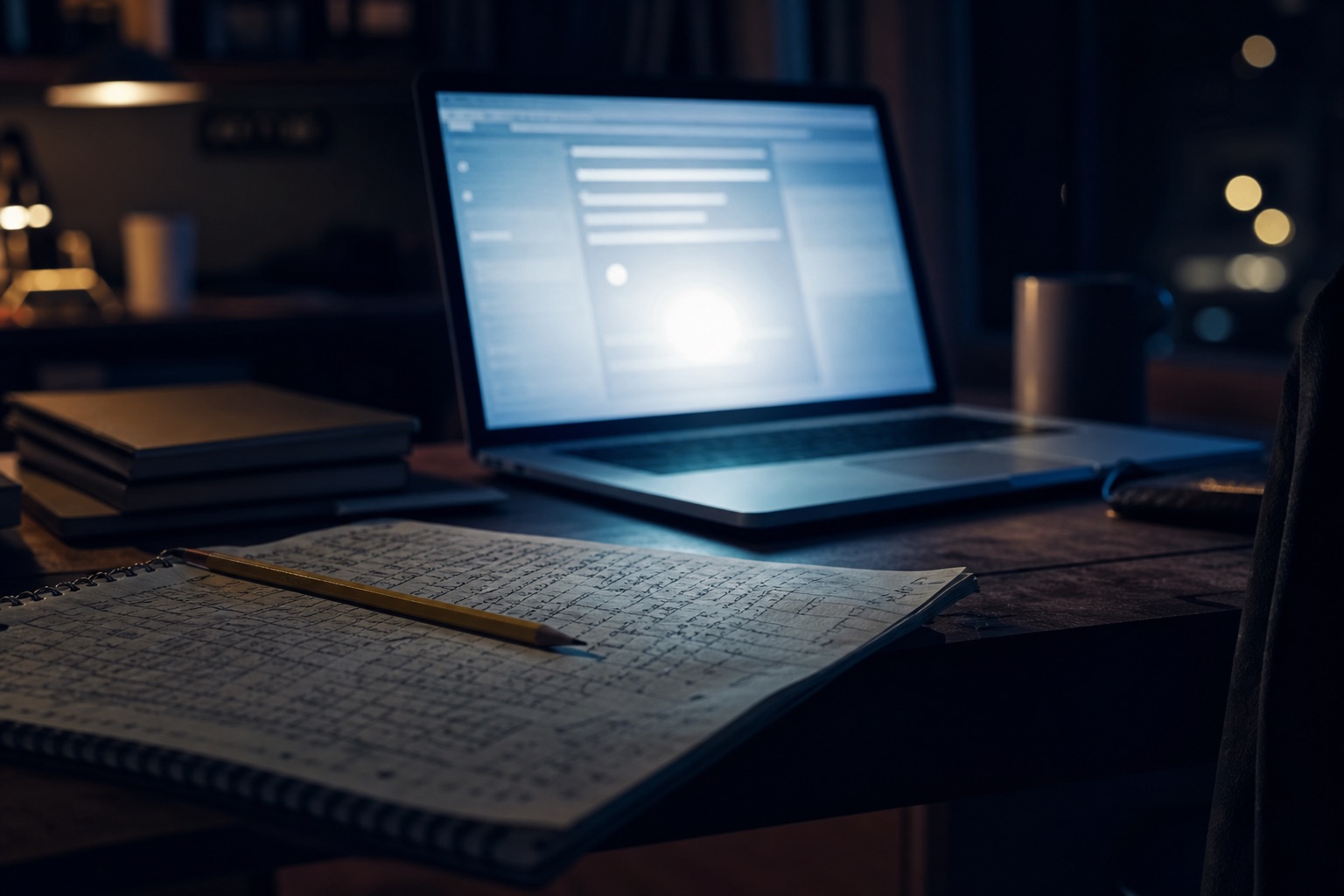 A handwritten study notebook sitting neglected in front of a glowing laptop
