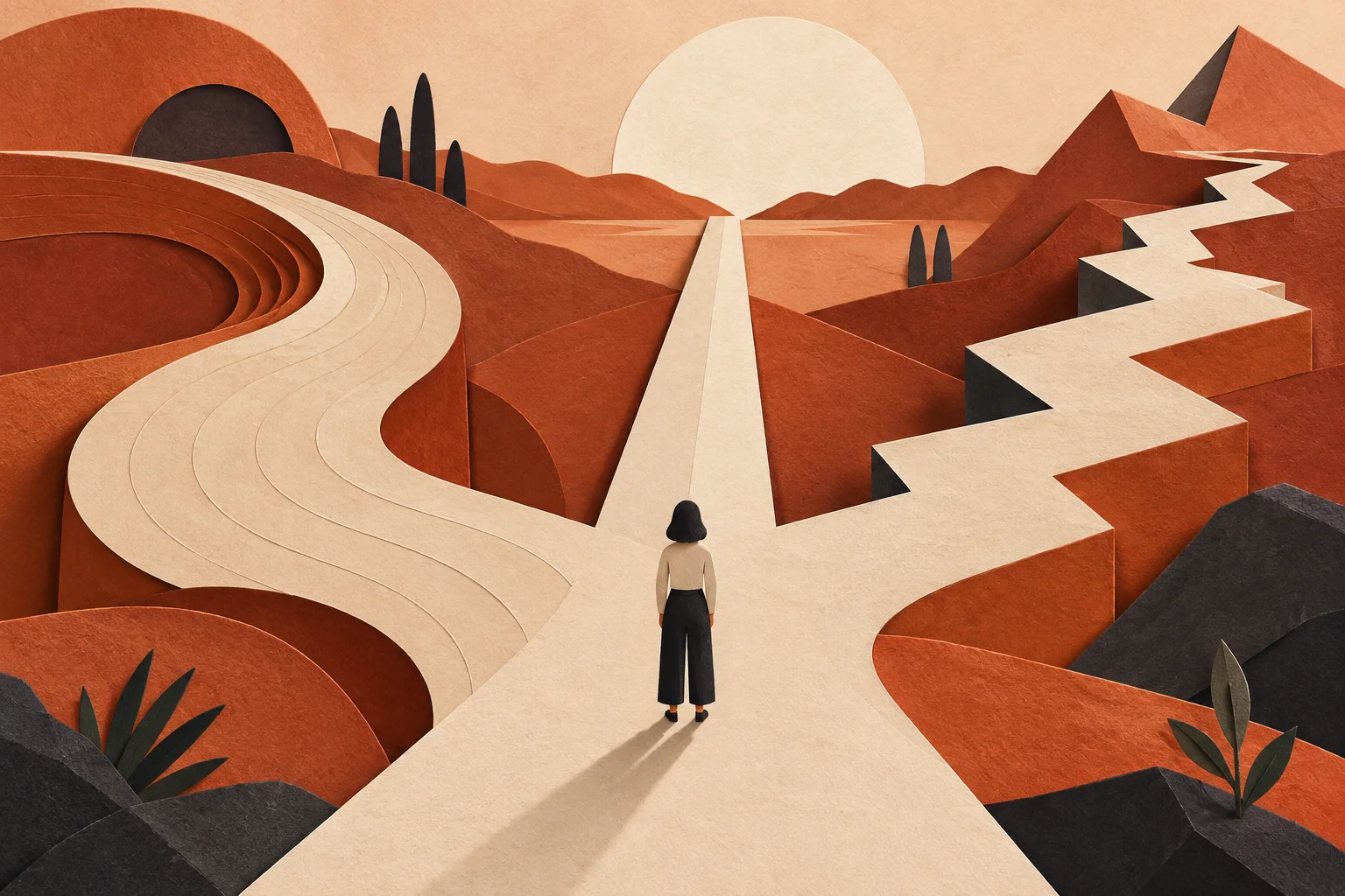 A learner choosing between three different paths in a terracotta paper landscape