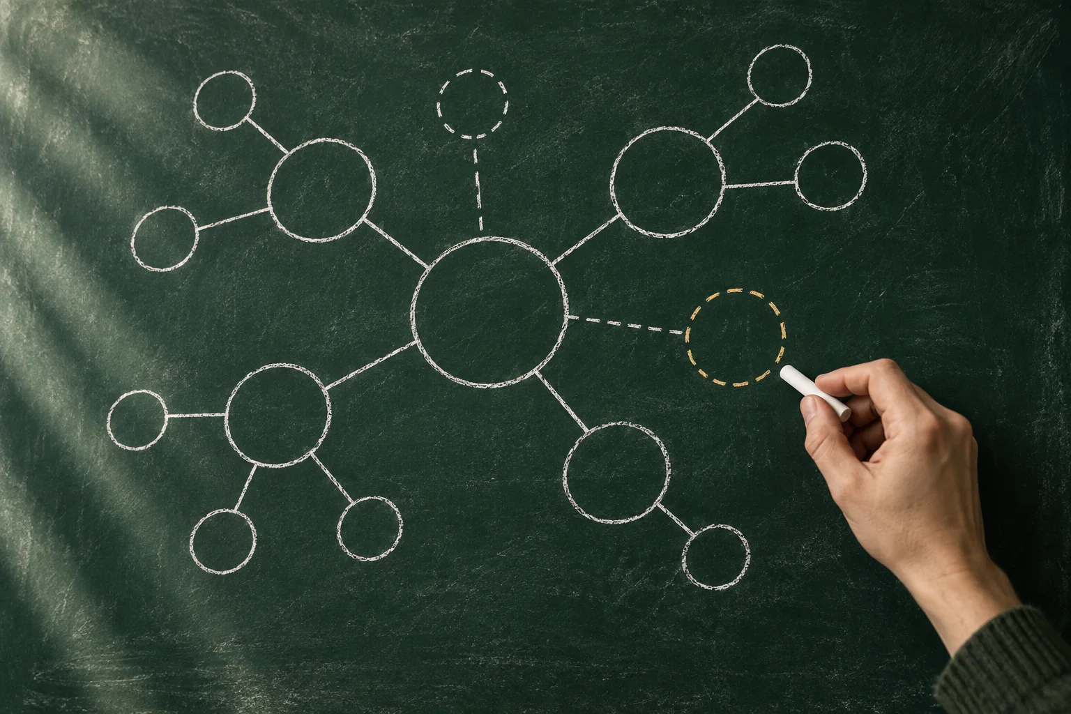 A hand holding chalk beside an unfinished concept map on a green chalkboard
