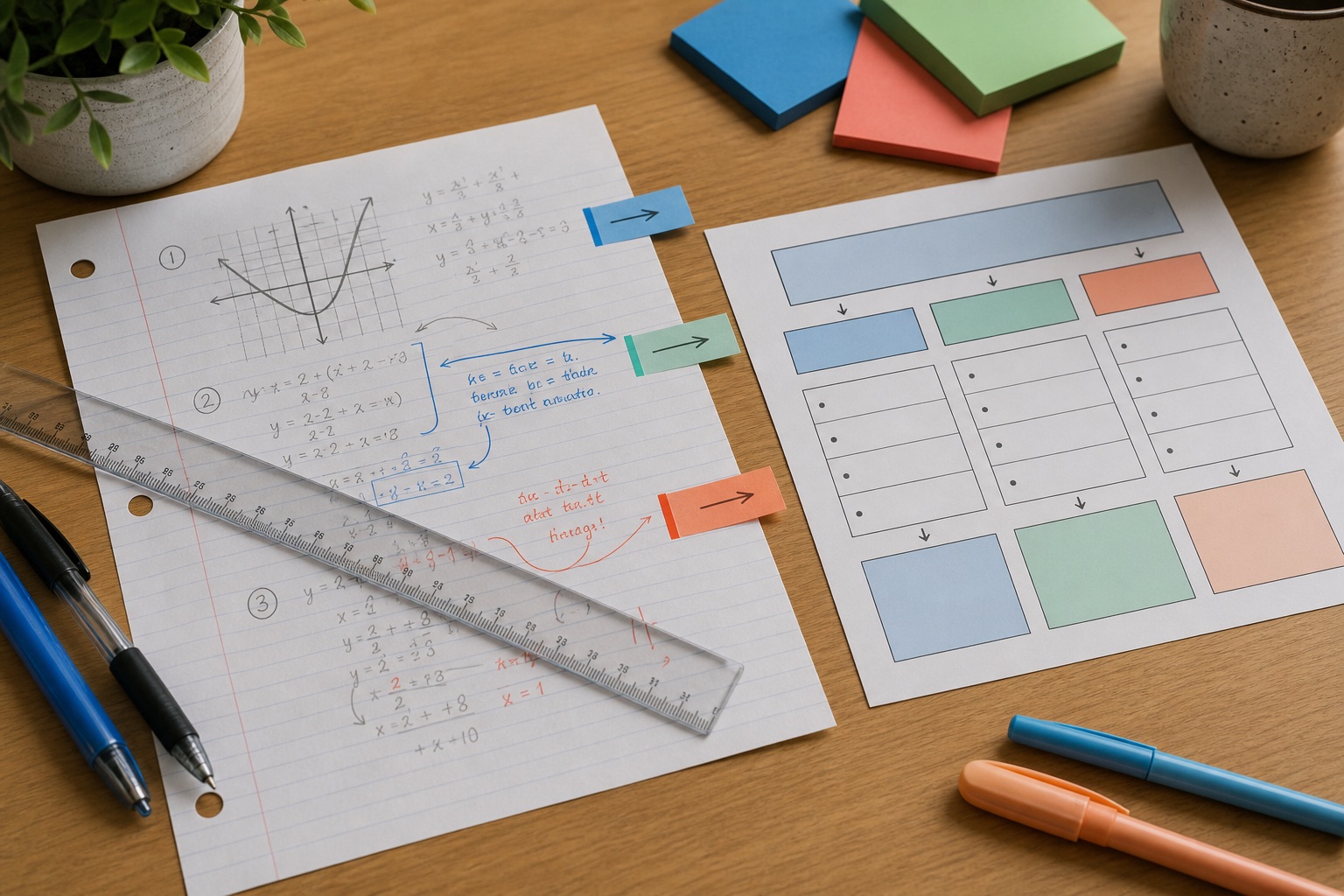 A handwritten solution annotated with colored tabs beside a diagnostic chart