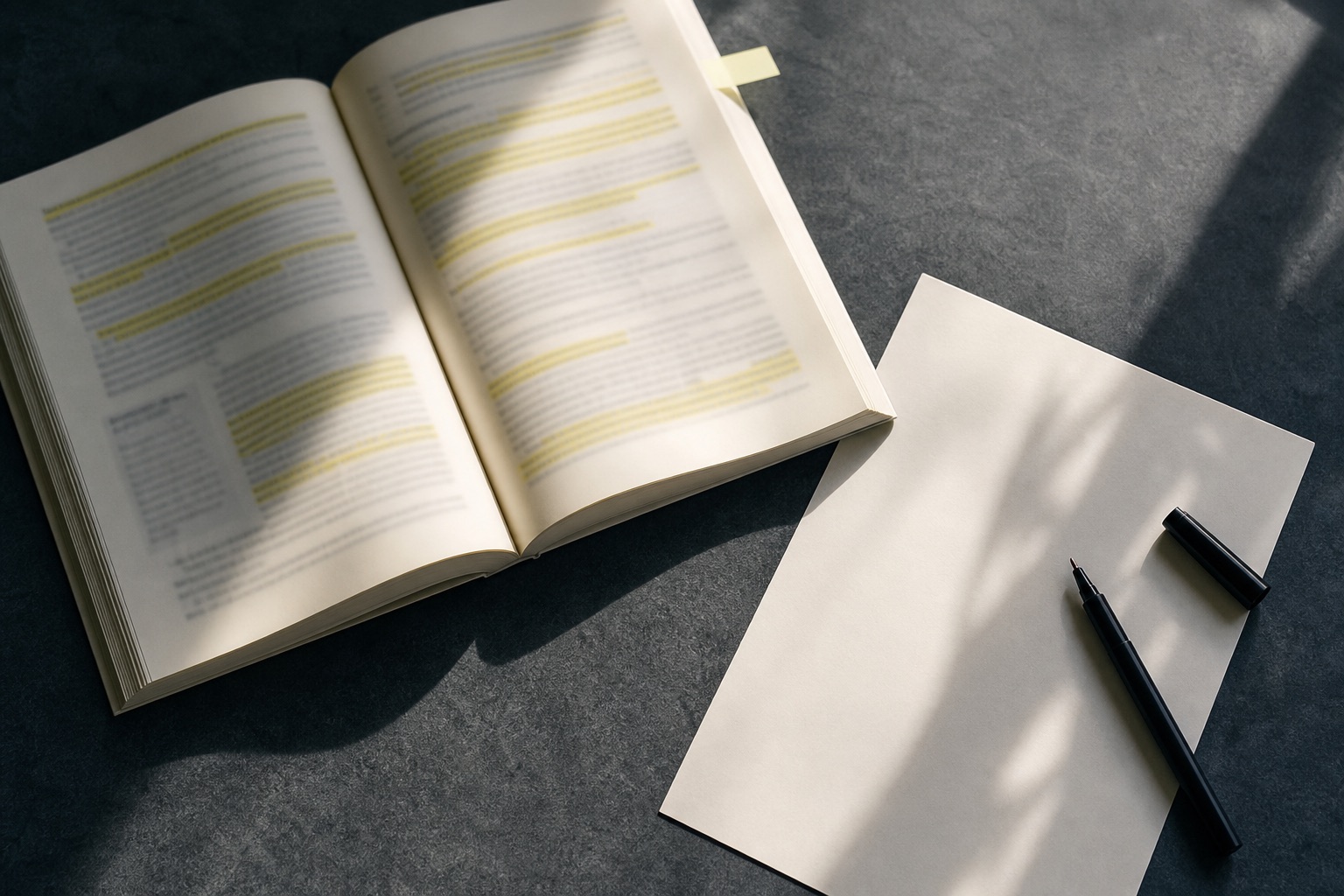 A heavily highlighted book beside a blank sheet of paper
