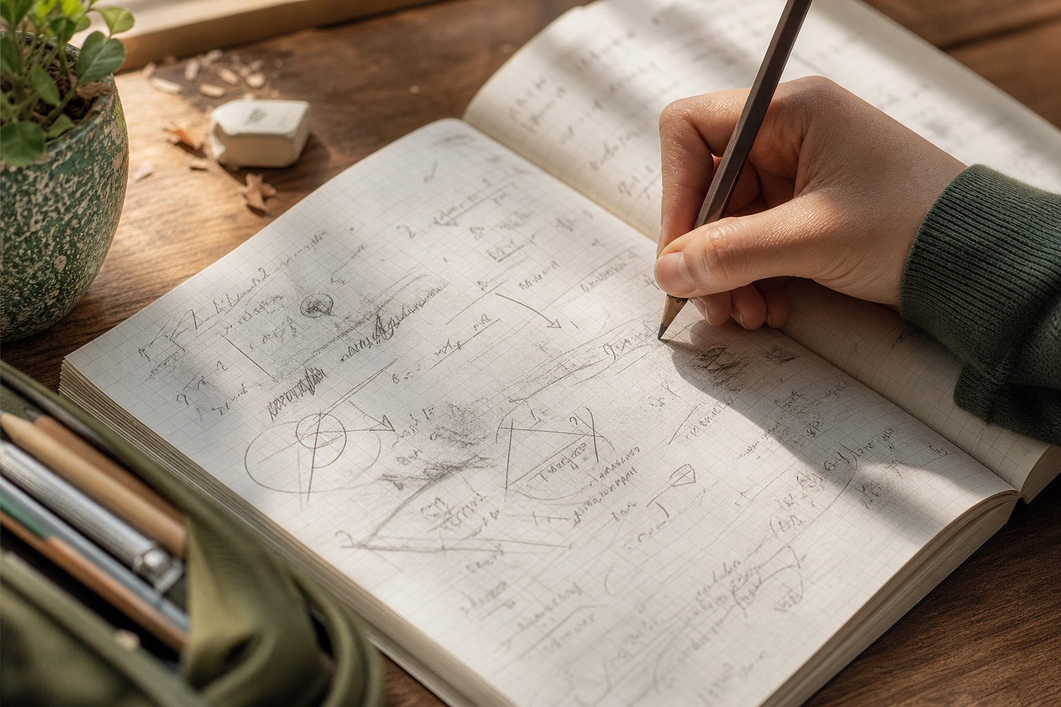 A hand revising equations and connected ideas in a well-used notebook