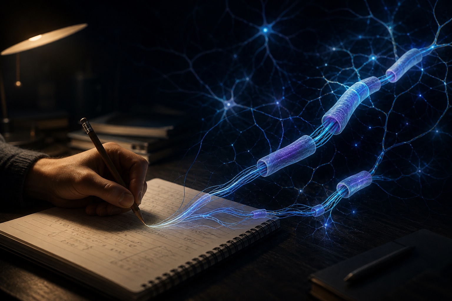 A student writing in a notebook as the pencil marks become myelinated neural pathways