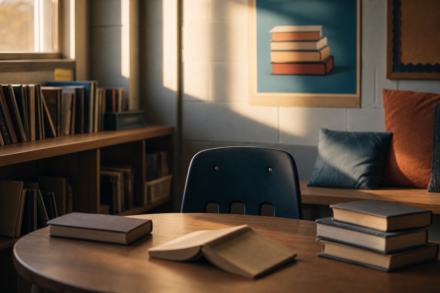 An empty chair and books in a quiet classroom reading corner