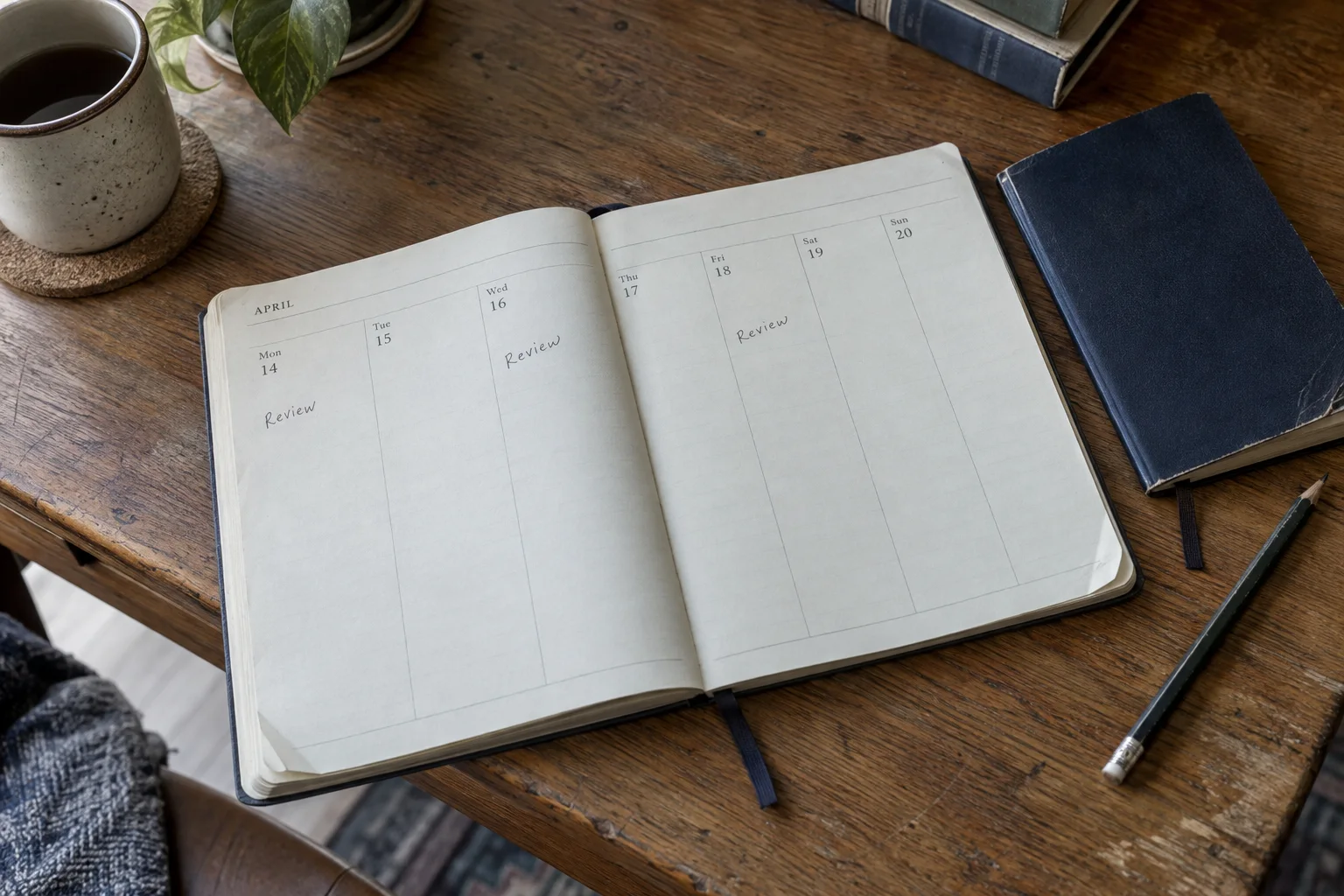 An open paper planner with review reminders on separate days beside a blue notebook