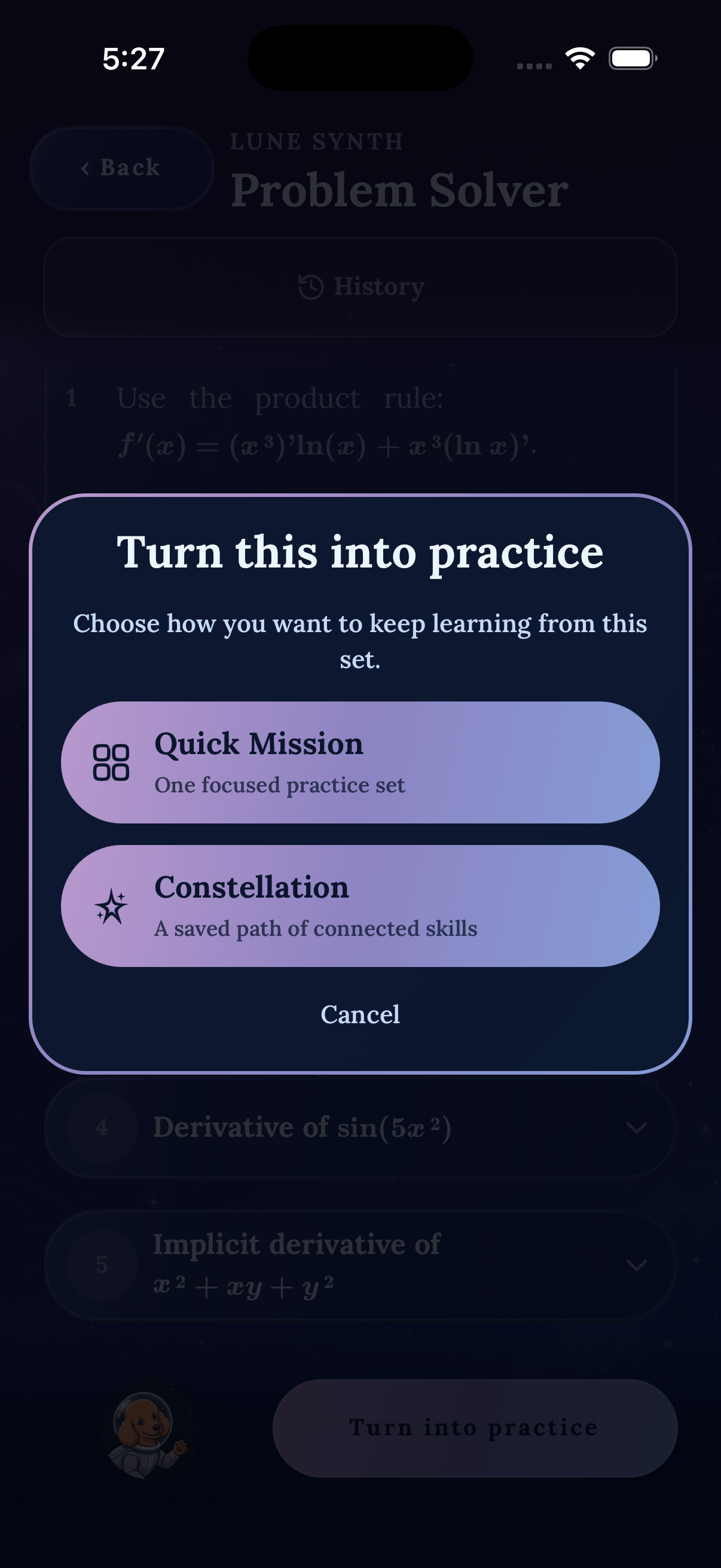 Problem Solver practice screen with a new focused exercise