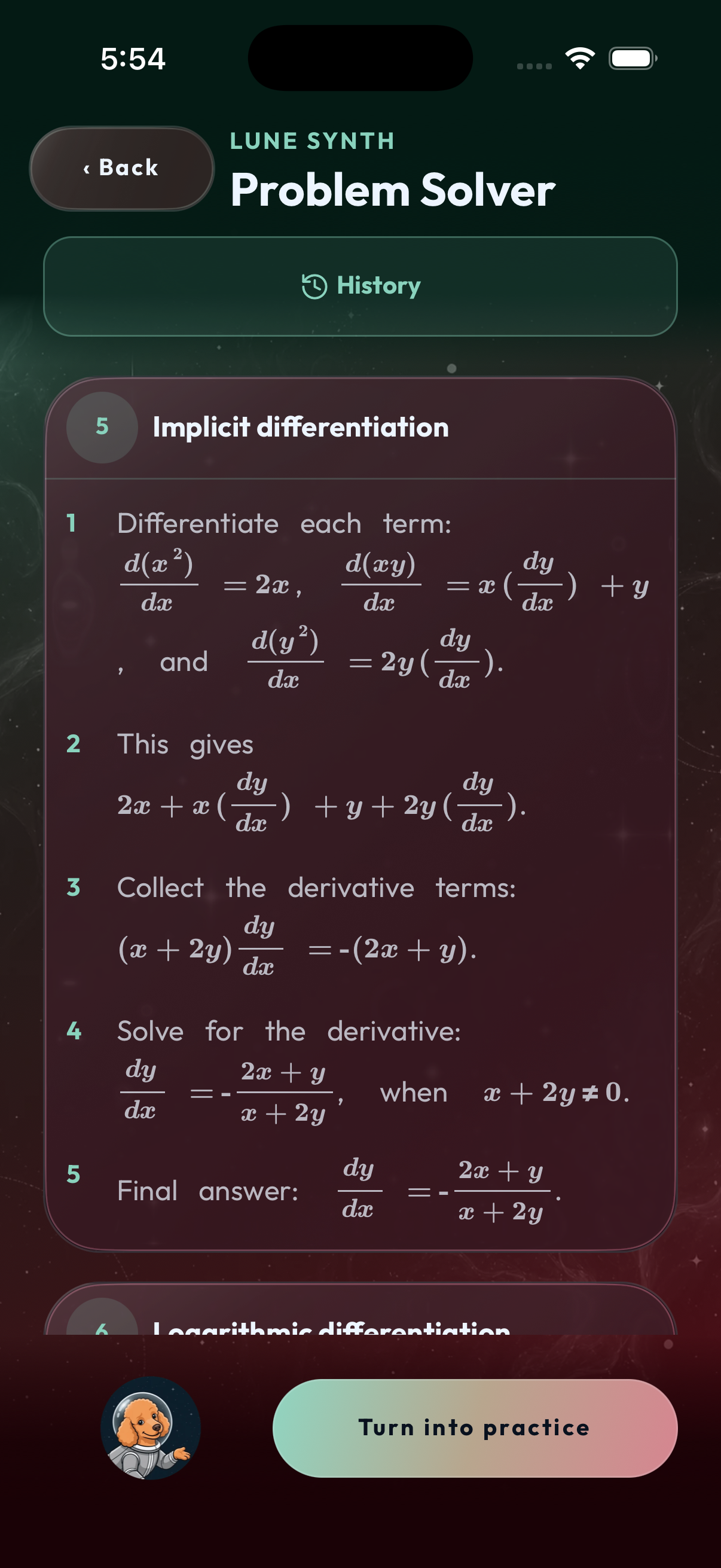 Problem Solver showing each step of an implicit differentiation problem